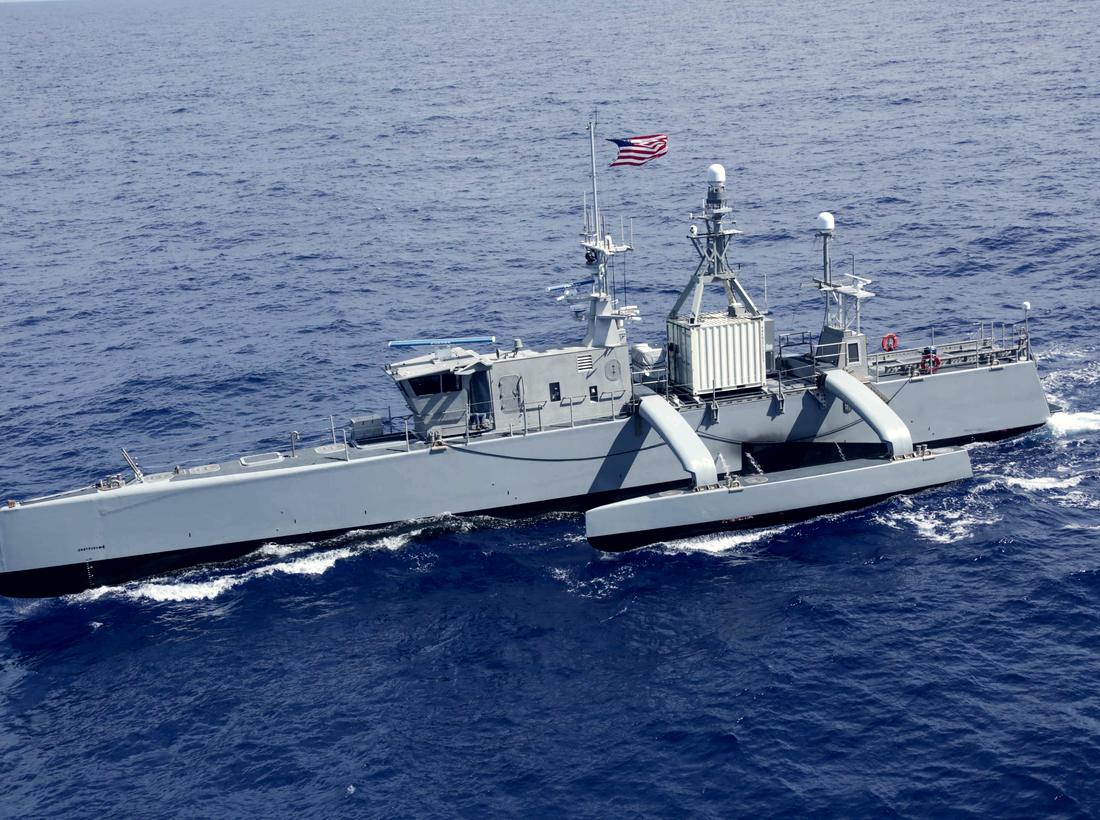 The unmanned surface vessel Sea Hunter under way on open ocean.